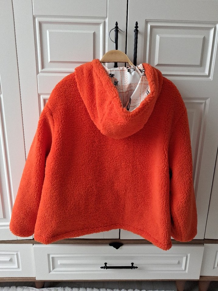 Turuncu çift taraflı Kapüşonlu Fermuarlı peluşCeket - Görsel 2