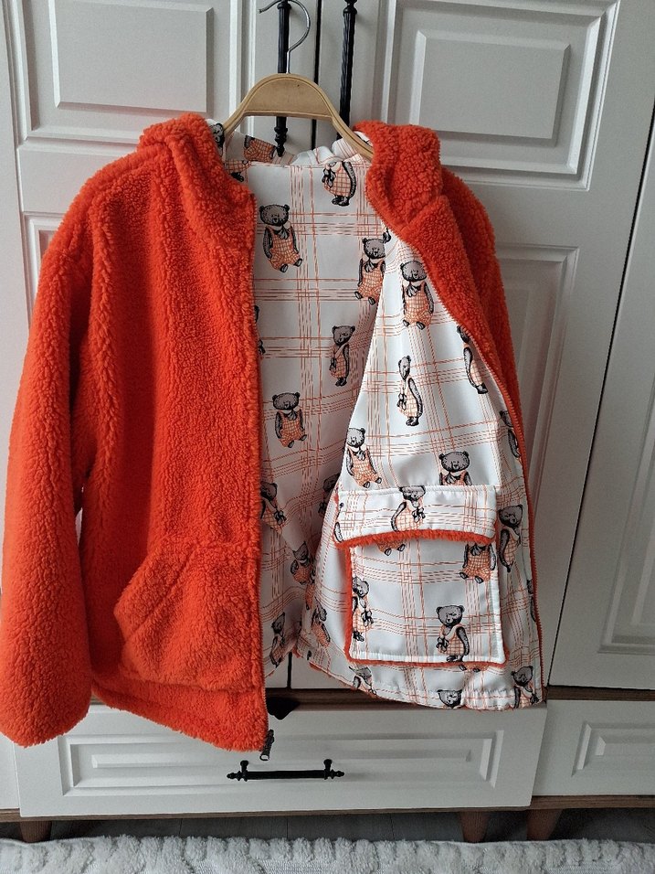 Turuncu çift taraflı Kapüşonlu Fermuarlı peluşCeket - Görsel 4