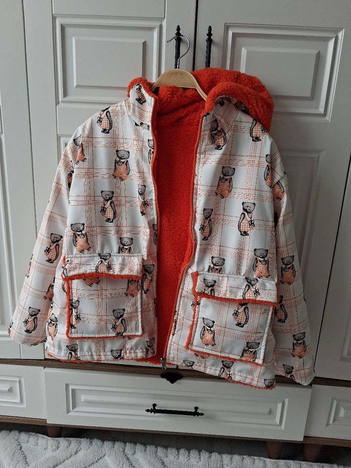 Turuncu çift taraflı Kapüşonlu Fermuarlı peluşCeket - Görsel 5