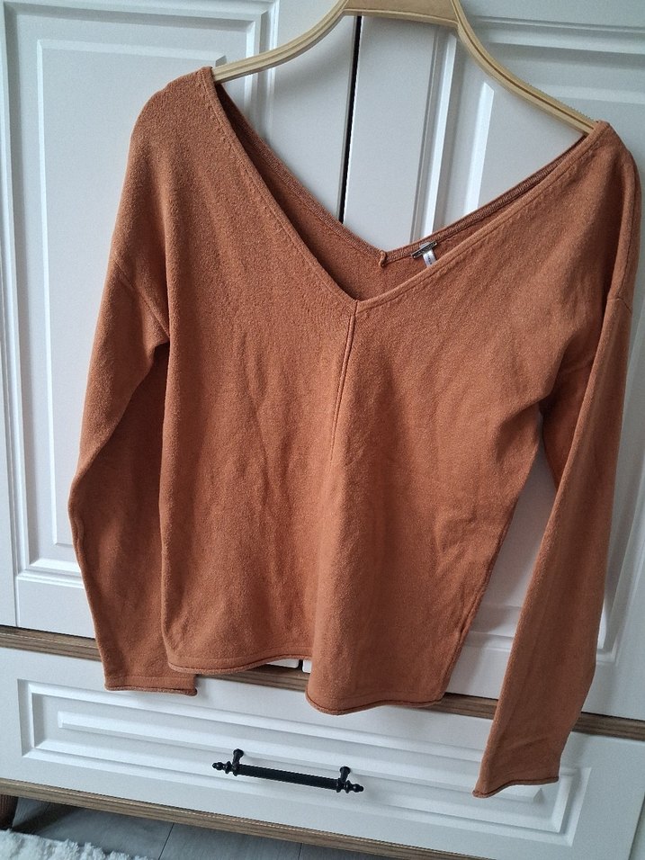 V Yaka Kahverengi Kadın Triko Kazak - Görsel 5