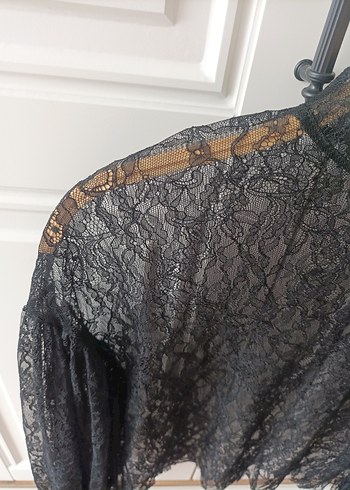 m Beden siyah Renk Dantel Detaylı Siyah Uzun Kollu Bluz