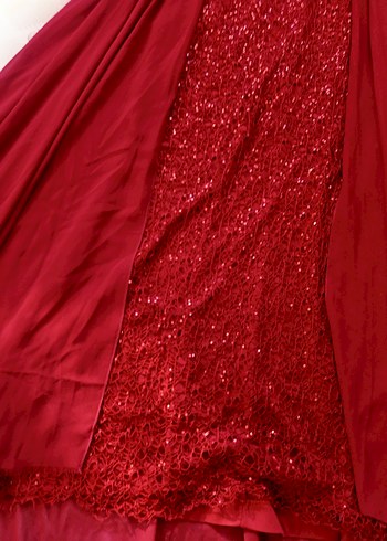 Bordo Uzun Kollu Parlak Abiye Elbise - Görsel 3