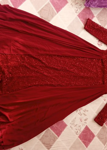 Bordo Uzun Kollu Parlak Abiye Elbise - Görsel 2