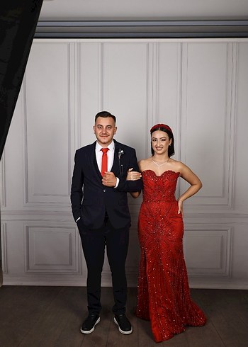 Kırmızı Straplez İşlemeli Uzun Abiye Elbise - Görsel 5