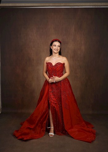 Kırmızı Straplez İşlemeli Uzun Abiye Elbise - Görsel 4