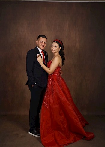 Kırmızı Straplez İşlemeli Uzun Abiye Elbise - Görsel 2