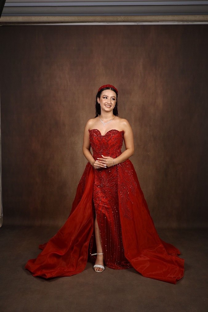 Kırmızı Straplez İşlemeli Uzun Abiye Elbise - Görsel 4