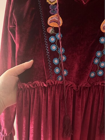 s Beden bordo Renk Uzun Kadife Tasarım Elbise