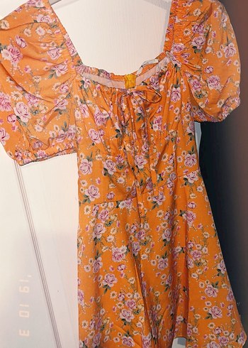 Turuncu Çiçek Desenli Bohem Midi Elbise - Görsel 3