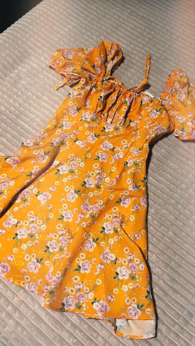 Turuncu Çiçek Desenli Bohem Midi Elbise - Görsel 2