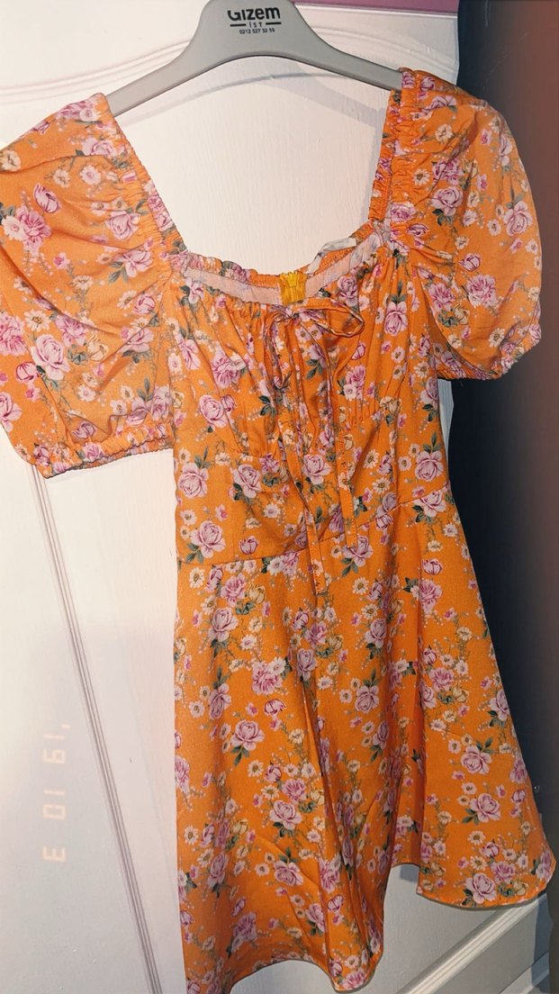 Turuncu Çiçek Desenli Bohem Midi Elbise - Görsel 3