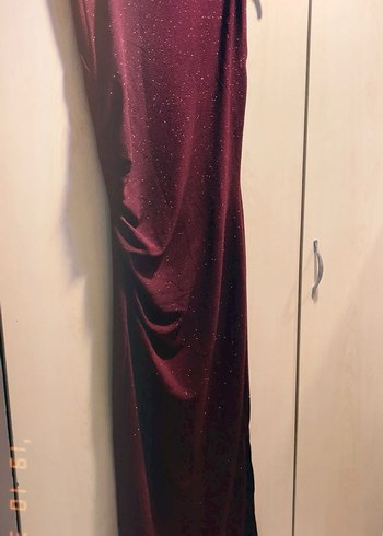 Bordo Parlak Drapeli Uzun Kadın Elbise - Görsel 2