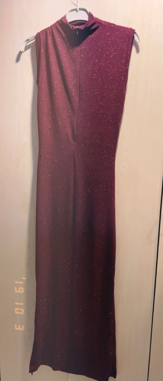 Bordo Parlak Drapeli Uzun Kadın Elbise - Görsel 3