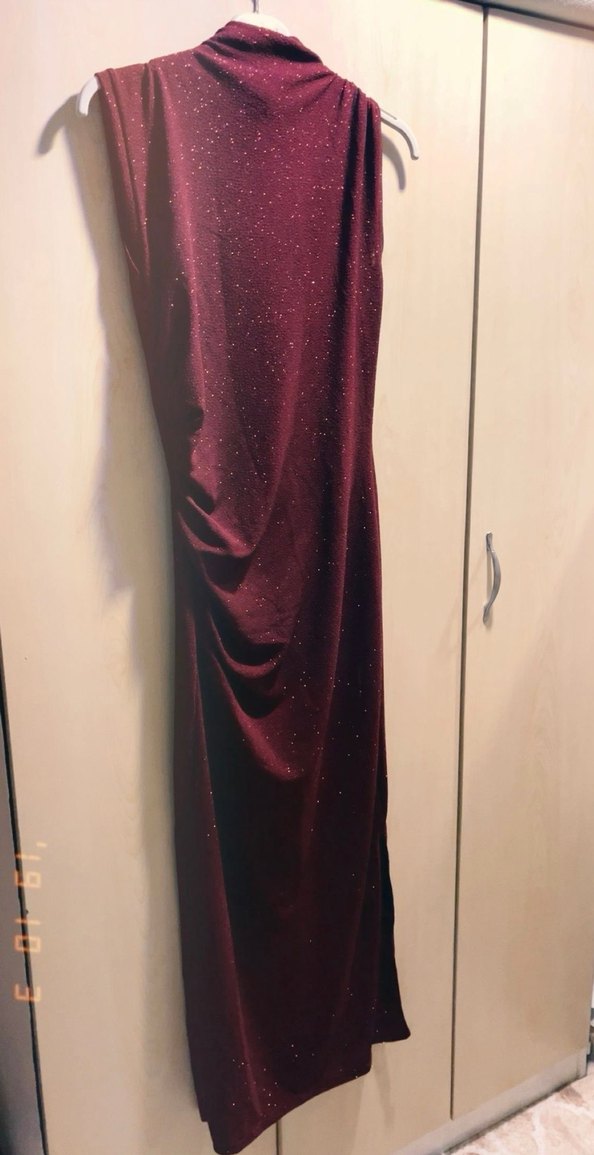 Bordo Parlak Drapeli Uzun Kadın Elbise - Görsel 2