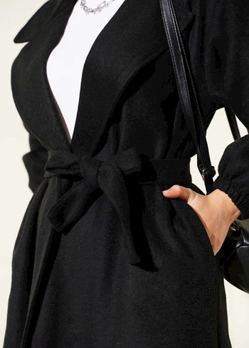 Siyah Kuşaklı Kadın Uzun Kaban - Görsel 3