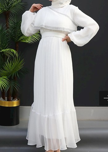 Beyaz Piliseli Uzun Tesettür Nikahlık - Görsel 2