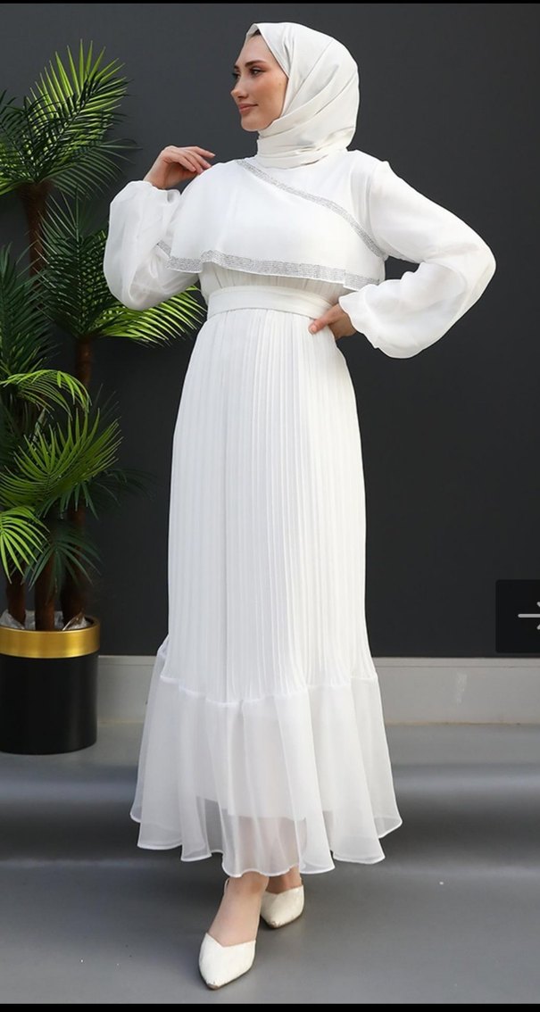 Beyaz Piliseli Uzun Tesettür Nikahlık - Görsel 2