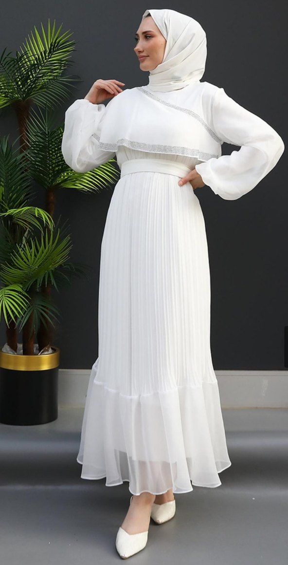 Beyaz Piliseli Uzun Tesettür Nikahlık - Görsel 3