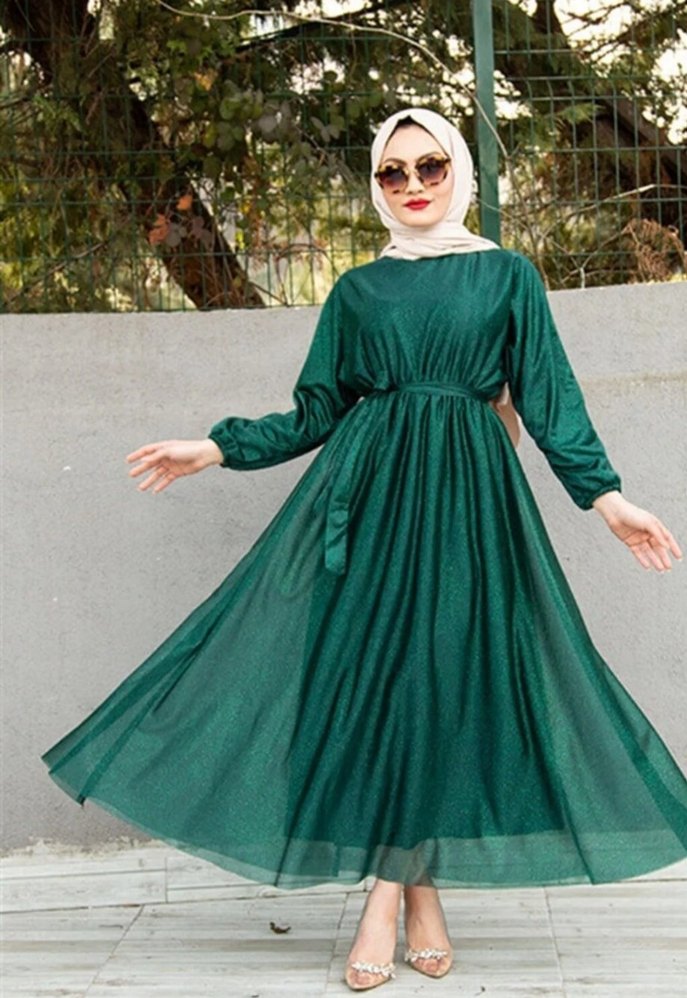 Parlak Yeşil Uzun Kollu Abiye - Görsel 2