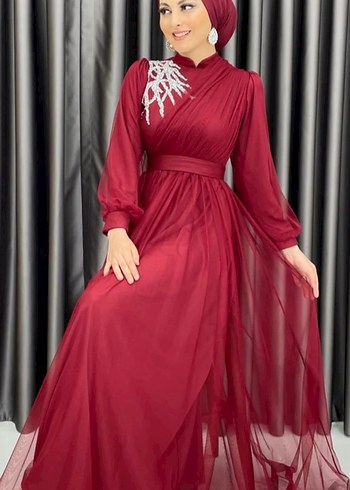 Bordo Uzun Kollu Drapeli Abiye Elbise - Görsel 3