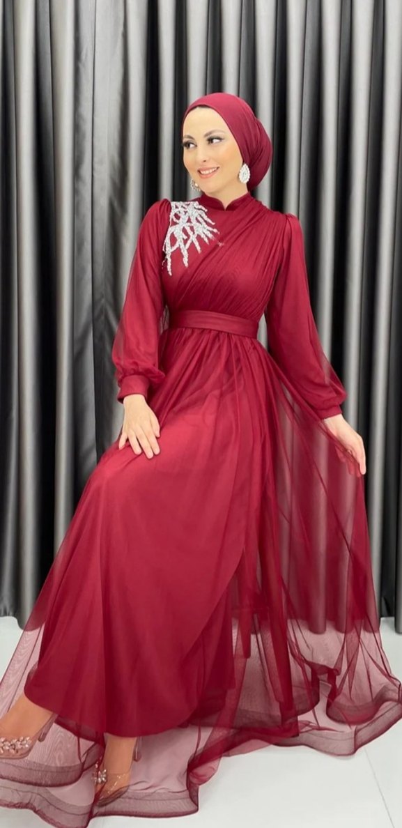 Bordo Uzun Kollu Drapeli Abiye Elbise - Görsel 3