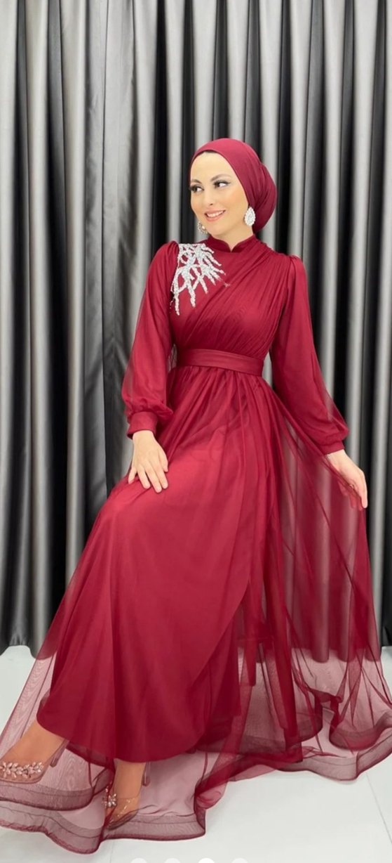 Bordo Uzun Kollu Drapeli Abiye Elbise - Görsel 2