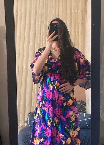 Bohem mor  Renkli V Yaka Uzun  Elbise - Görsel 2