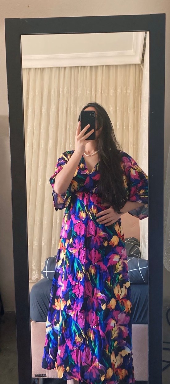 Bohem mor  Renkli V Yaka Uzun  Elbise - Görsel 2