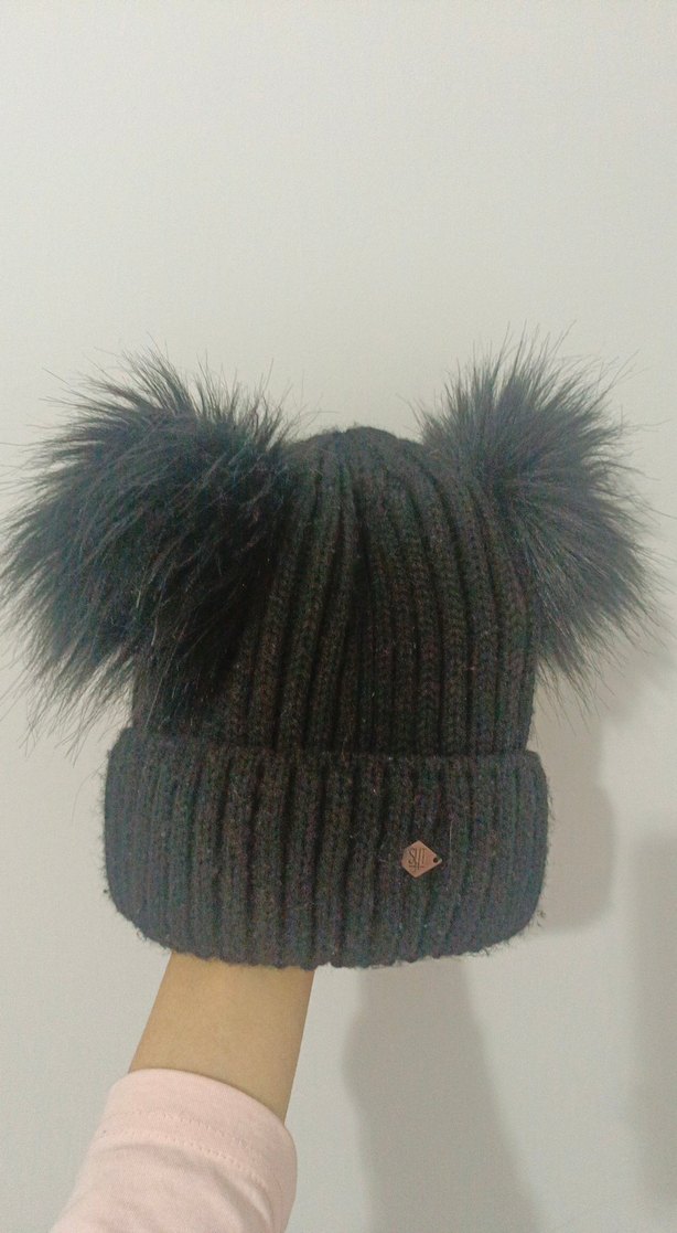 Siyah Kadın Yün Bere - Kürklü - Görsel 2