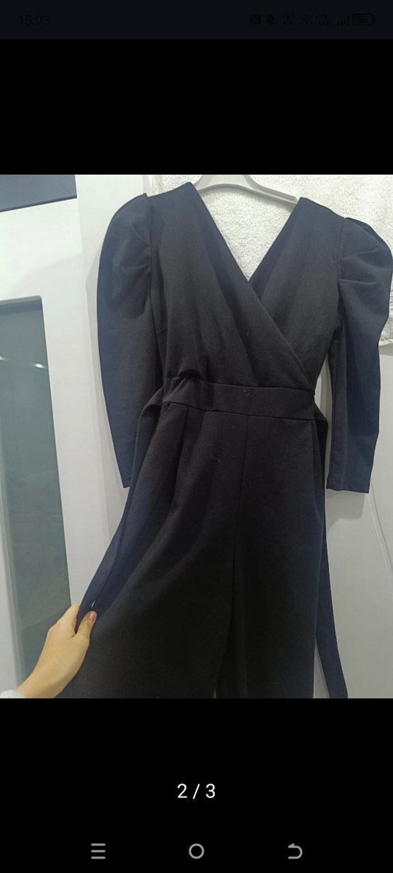 Kadın Siyah Uzun Tulum V Yaka Kemerli - Görsel 2