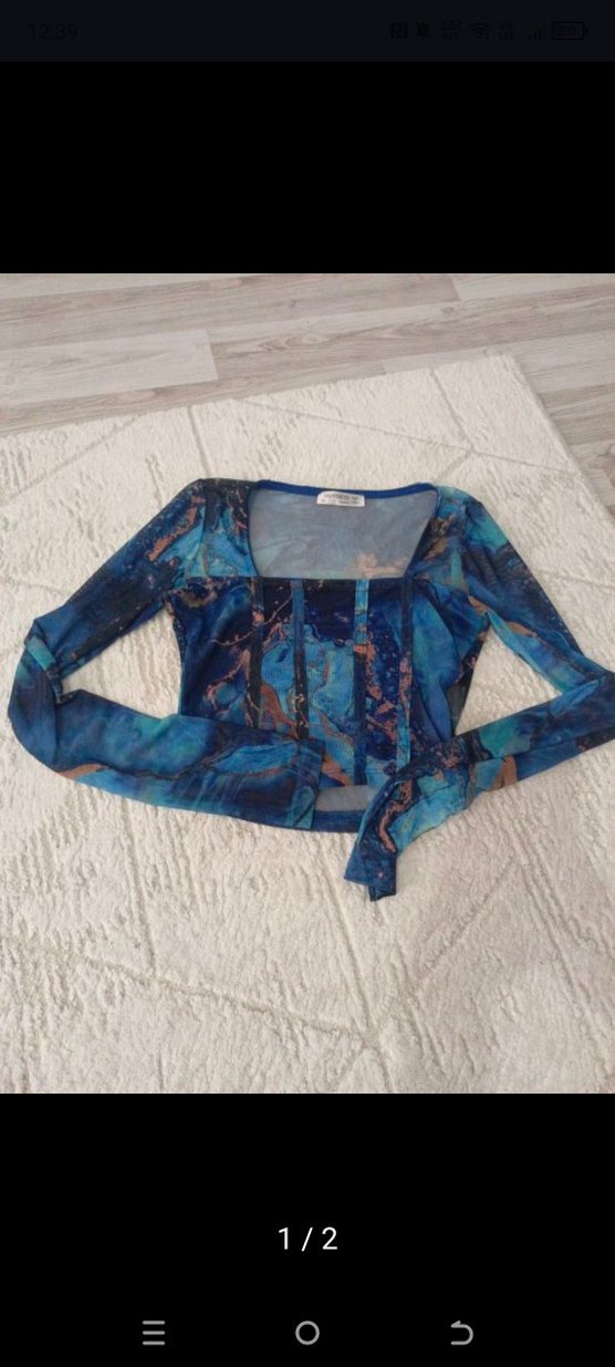 Koyu Mavi Batik Desenli Denim Mini Bluz - Görsel 2