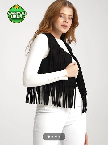Siyah Püsküllü Kadın Süet Yelek - Görsel 2