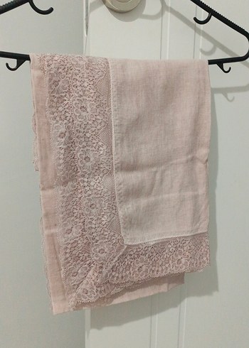 Dantel Detaylı Pembe Keten Kadın Fular - Görsel 2