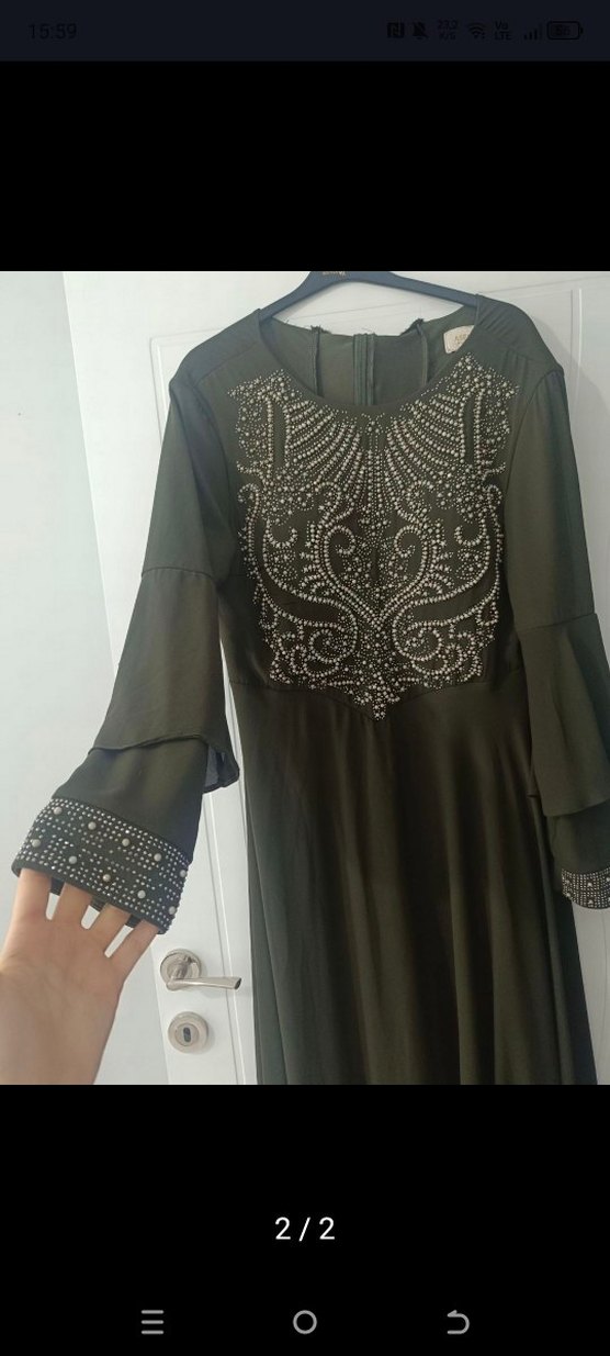 Nakışlı Haki Bohem Uzun Kollu Elbise - Görsel 2