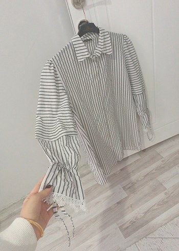 Çizgili Keten Gömlek, Uzun Kollu, Düğmeli - Görsel 2