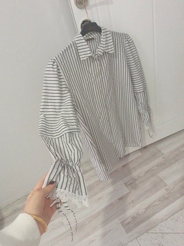 Çizgili Keten Gömlek, Uzun Kollu, Düğmeli - Görsel 2