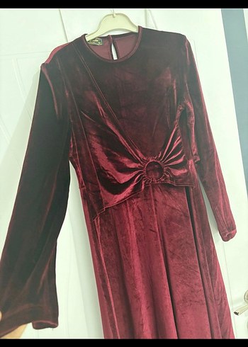 Bordo Uzun Kadın Elbise Kadife Drapeli - Görsel 2