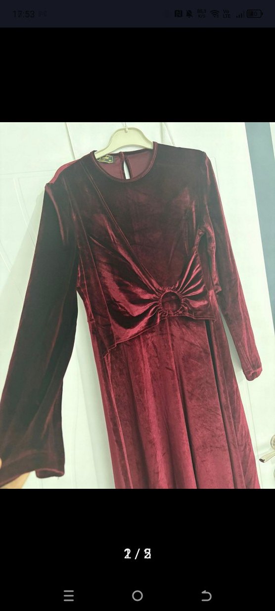 Bordo Uzun Kadın Elbise Kadife Drapeli - Görsel 2