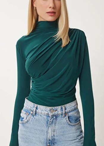 Drapeli Yeşil Kadın Bluz - Görsel 3