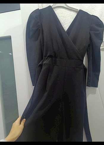 Siyah V Yakalı Uzun Kadın Tulum - Görsel 2