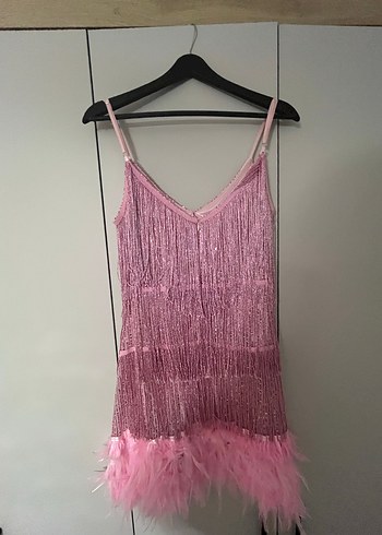 Püsküllü Straplez Mini Pembe Kokteyl Elbisesi - Görsel 3