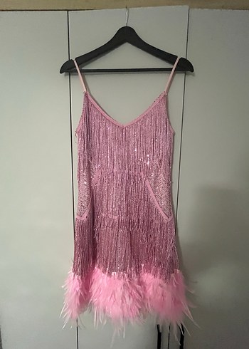 Püsküllü Straplez Mini Pembe Kokteyl Elbisesi - Görsel 6