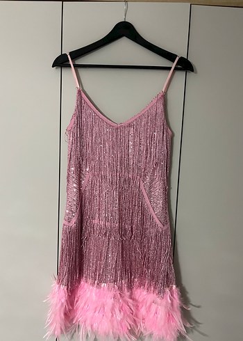 Püsküllü Straplez Mini Pembe Kokteyl Elbisesi - Görsel 2