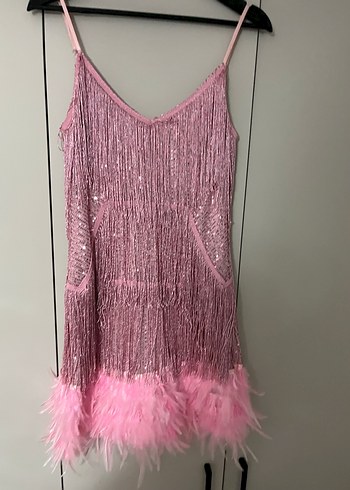 Püsküllü Straplez Mini Pembe Kokteyl Elbisesi - Görsel 5