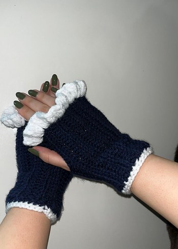 Koyu Mavi Örme Kadın Eldiven - Görsel 2