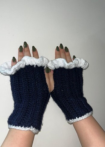 Koyu Mavi Örme Kadın Eldiven - Görsel 3