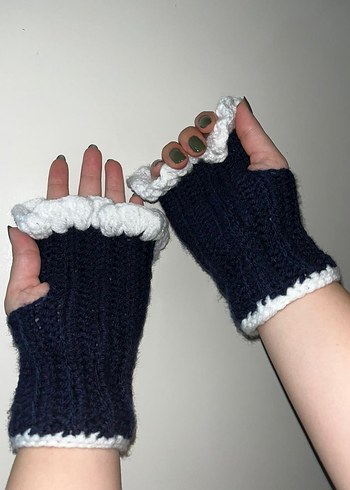 Koyu Mavi Örme Kadın Eldiven - Görsel 4