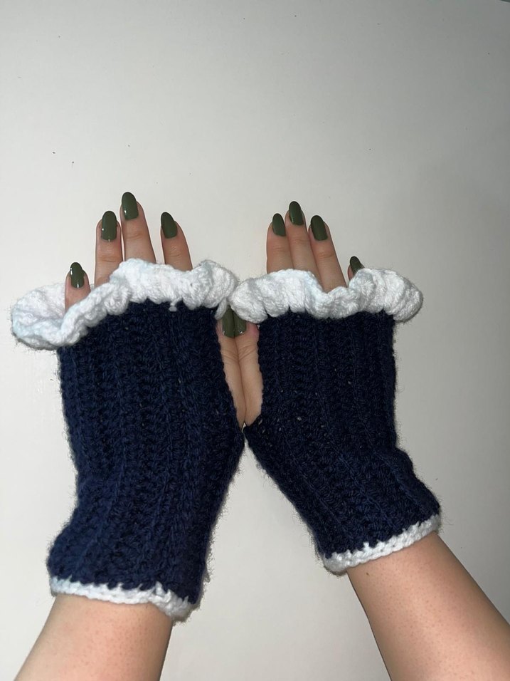 Koyu Mavi Örme Kadın Eldiven - Görsel 3