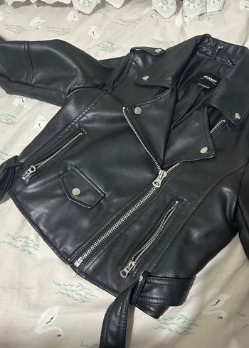 Siyah Deri Kemerli Biker Ceket - Görsel 2