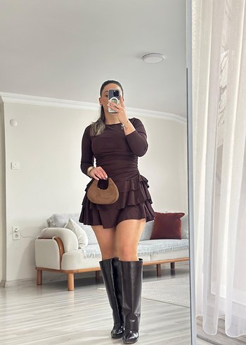 Kahverengi Mini Elbise - Görsel 3